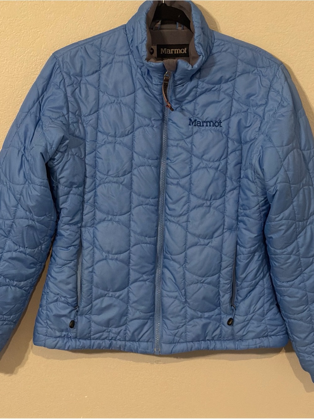 Marmot Womens Puffer Jacket Size Medium Quilted Insulated Lightweight Blue Grey